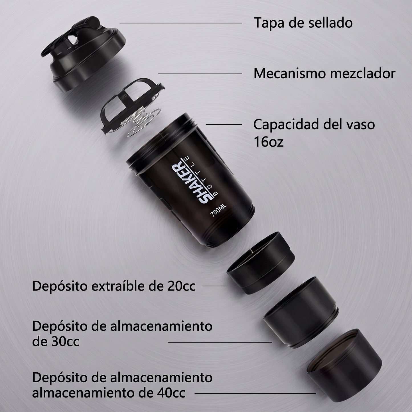 Botella Shaker Premium de 3 Compartimentos para Proteínas y Suplementos, Vaso Mezclador Antifugas con Mezclador para Gimnasio, Fitness y Culturismo