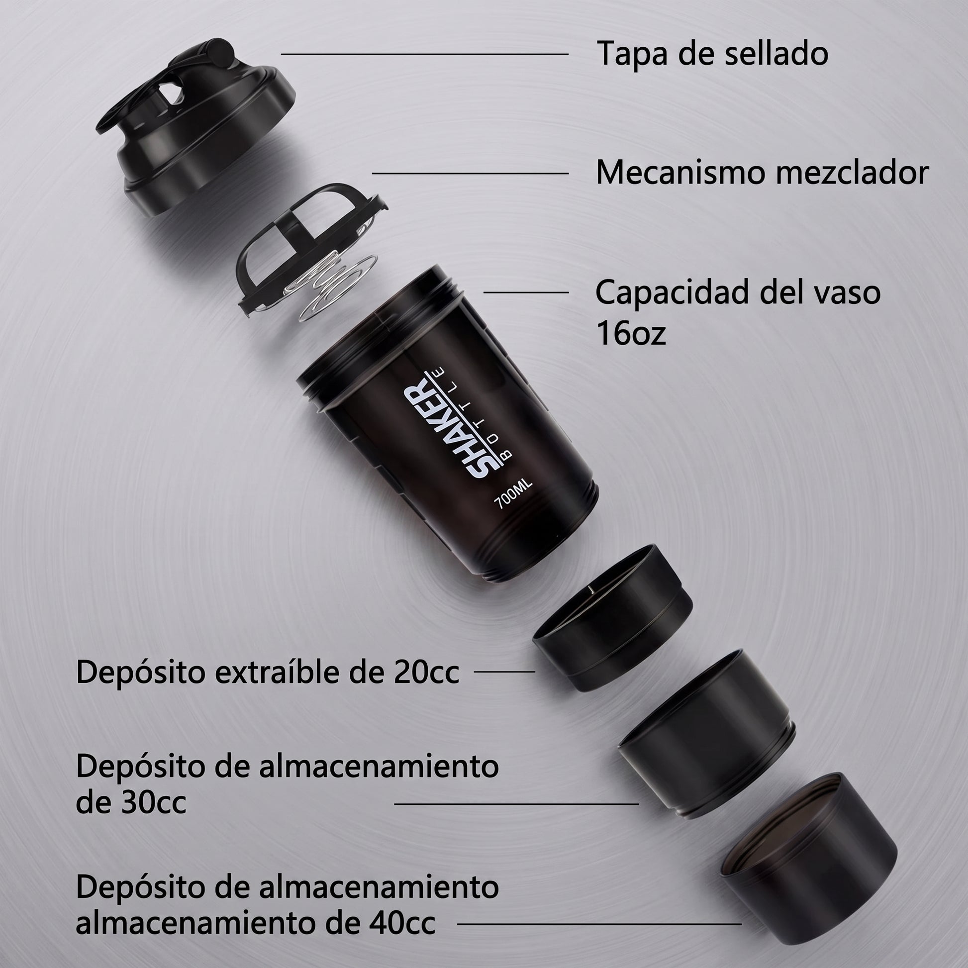Botella Shaker Premium de 3 Compartimentos para Proteínas y Suplementos, Vaso Mezclador Antifugas con Mezclador para Gimnasio, Fitness y Culturismo