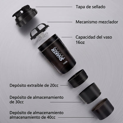 Botella Shaker Premium de 3 Compartimentos para Proteínas y Suplementos, Vaso Mezclador Antifugas con Mezclador para Gimnasio, Fitness y Culturismo