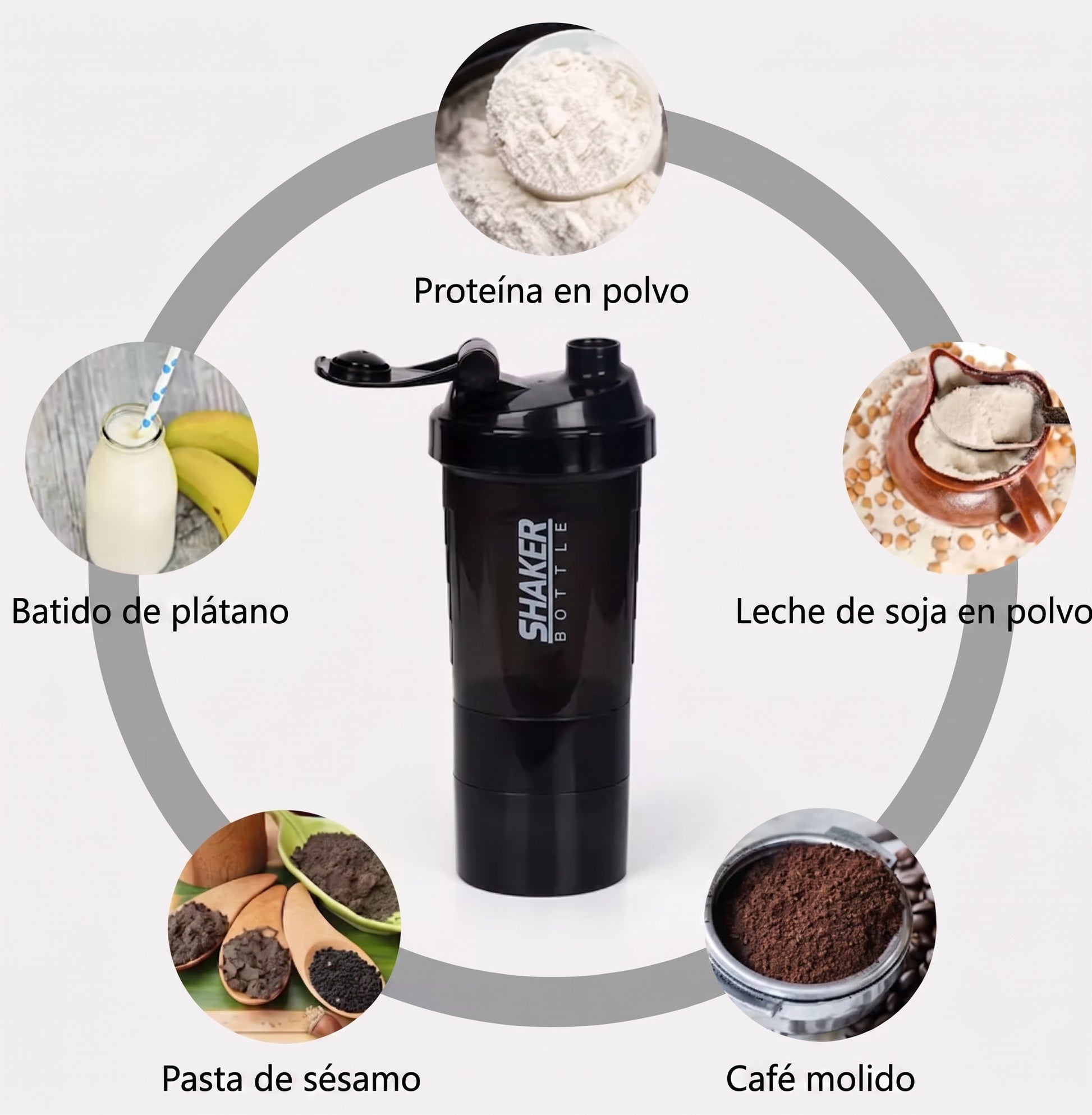 Botella Shaker Premium de 3 Compartimentos para Proteínas y Suplementos, Vaso Mezclador Antifugas con Mezclador para Gimnasio, Fitness y Culturismo