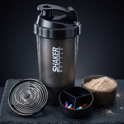 Botella Shaker Premium de 3 Compartimentos para Proteínas y Suplementos, Vaso Mezclador Antifugas con Mezclador para Gimnasio, Fitness y Culturismo