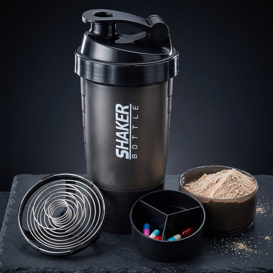 Botella Shaker Premium de 3 Compartimentos para Proteínas y Suplementos, Vaso Mezclador Antifugas con Mezclador para Gimnasio, Fitness y Culturismo