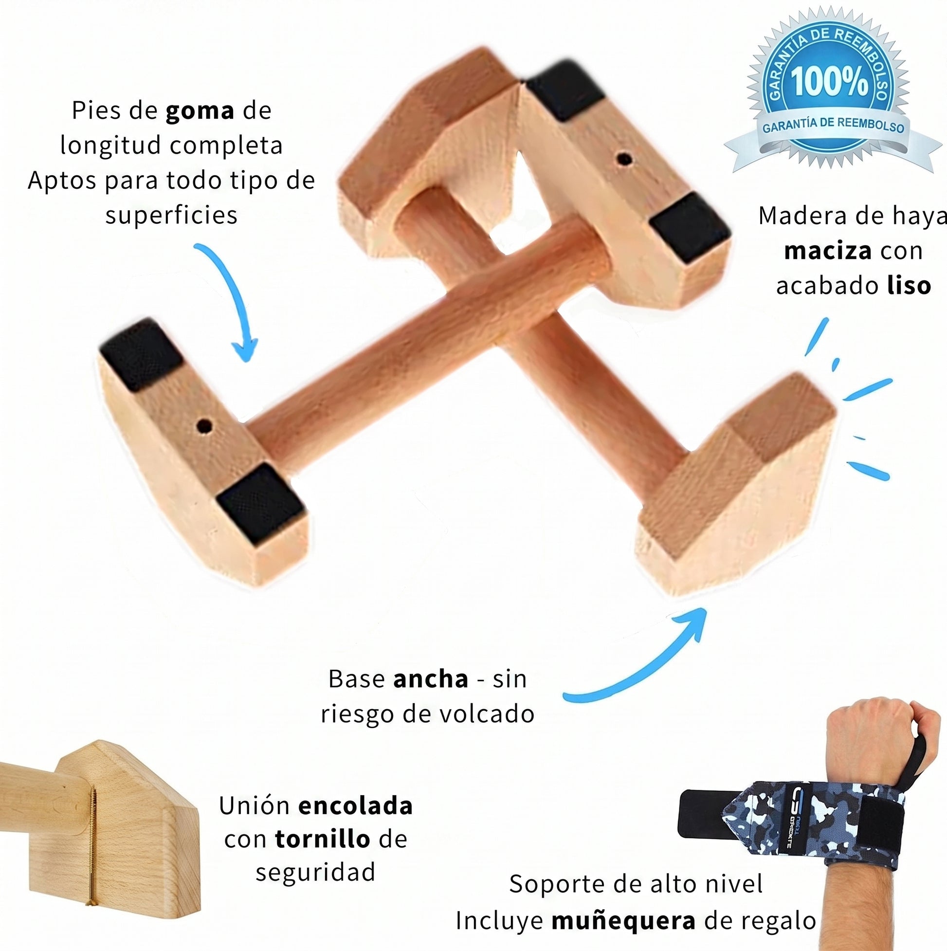 Barras para Flexiones Premium de Madera Maciza con Base Antideslizante, Paralelas para Calistenia, Entrenamiento de Fuerza, Cross Training y Fitness en Casa