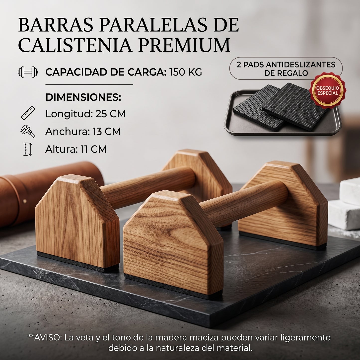 Barras para Flexiones Premium de Madera Maciza con Base Antideslizante, Paralelas para Calistenia, Entrenamiento de Fuerza, Cross Training y Fitness en Casa