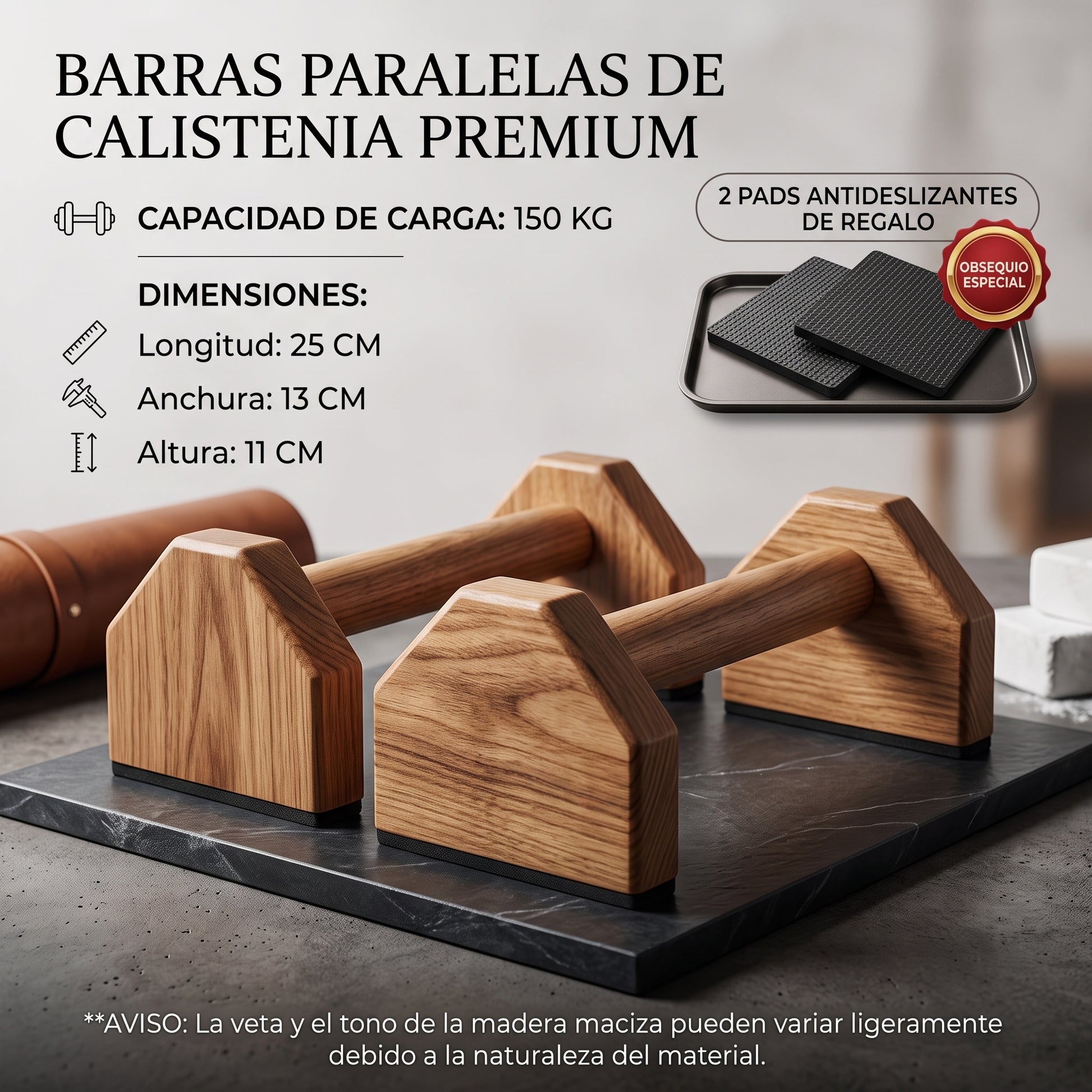 Barras para Flexiones Premium de Madera Maciza con Base Antideslizante, Paralelas para Calistenia, Entrenamiento de Fuerza, Cross Training y Fitness en Casa