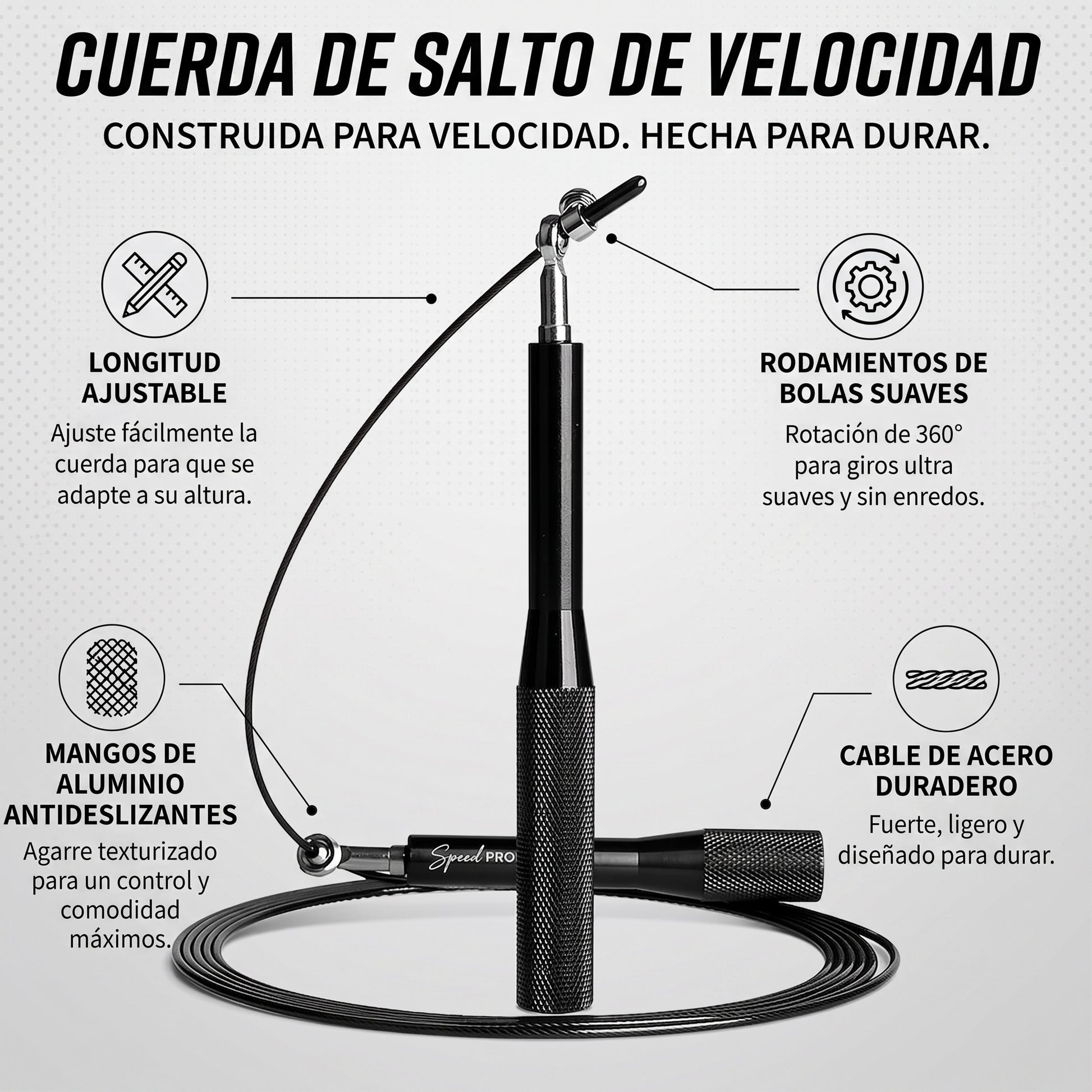 Speed Pro Jump Rope — Cuerda de Salto Profesional con Cable de Acero Ajustable y Mangos de Aluminio