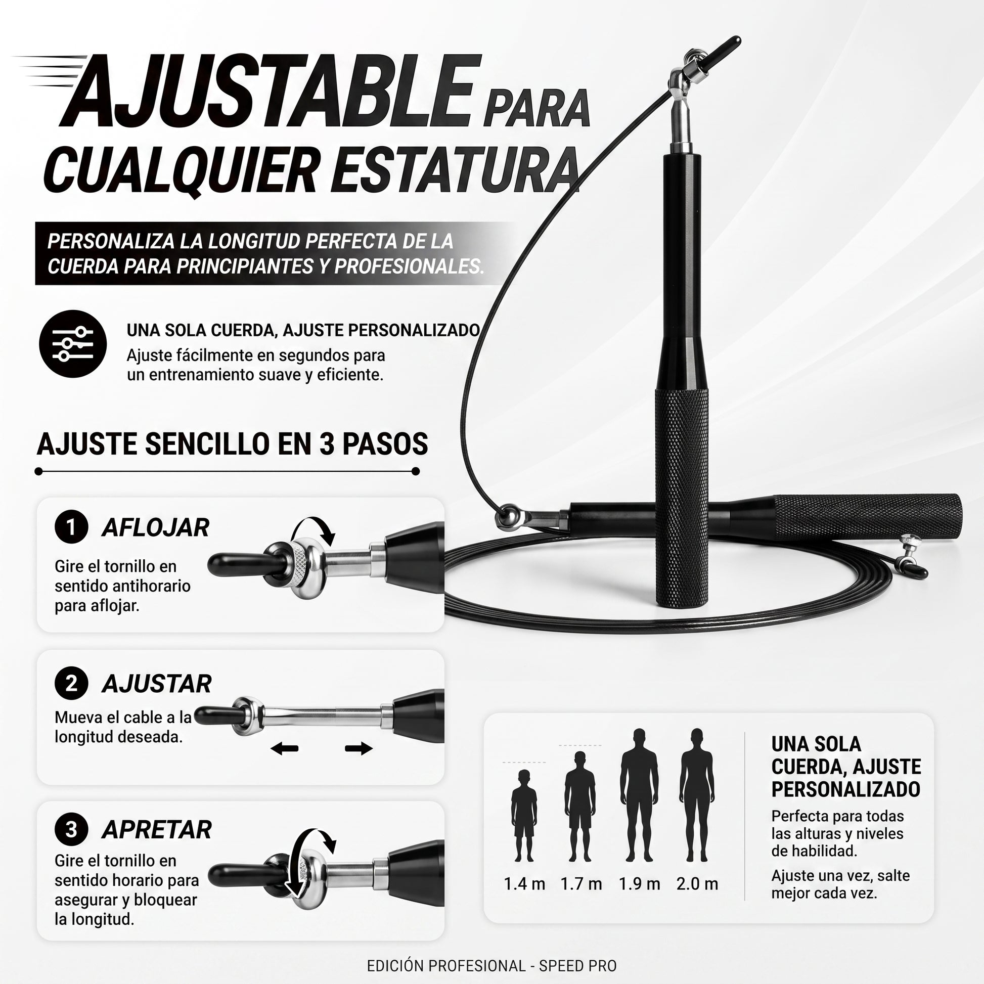 Speed Pro Jump Rope — Cuerda de Salto Profesional con Cable de Acero Ajustable y Mangos de Aluminio